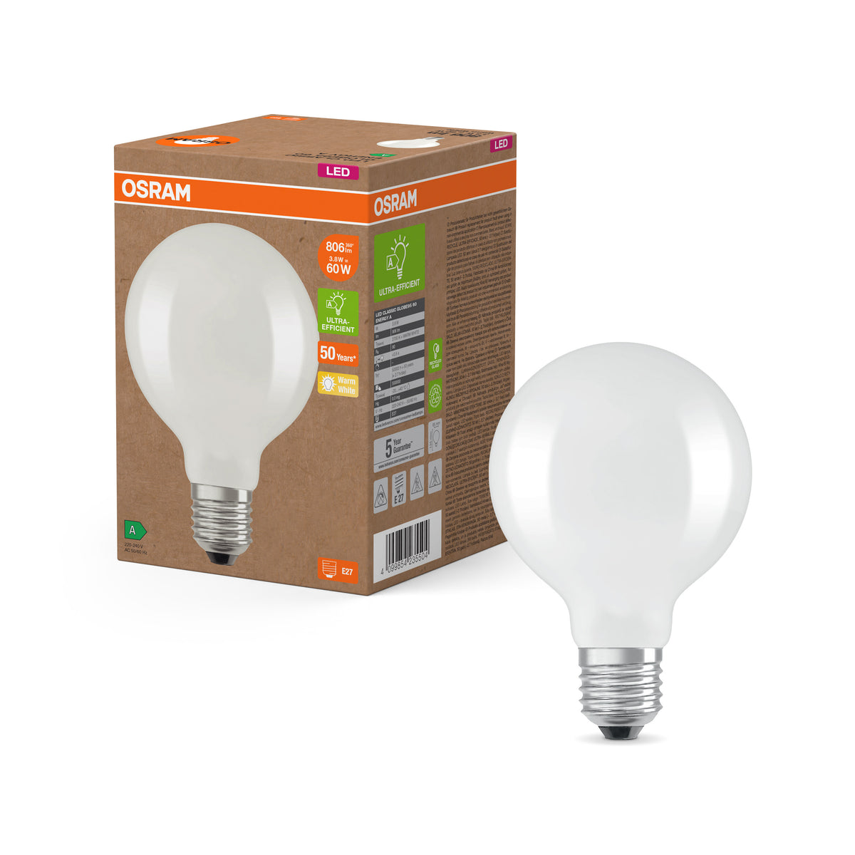 OSRAM SUPERSTAR standard mat 60 LED-pære, E27, klassisk pæreform, 4,3W, 806lm, 2700K, varmt hvidt lys, dæmpbar, LED-glødetrådsteknologi, meget lavt energiforbrug, energieffektivitetsklasse B OSRAM SUPERSTAR standard mat 60 LED-pære, E27, klassisk pæreform, 4,3W, 806lm, 2700K, varmt hvidt lys, dæmpbar, LED-glødetrådsteknologi, meget lavt energiforbrug, energieffektivitetsklasse B