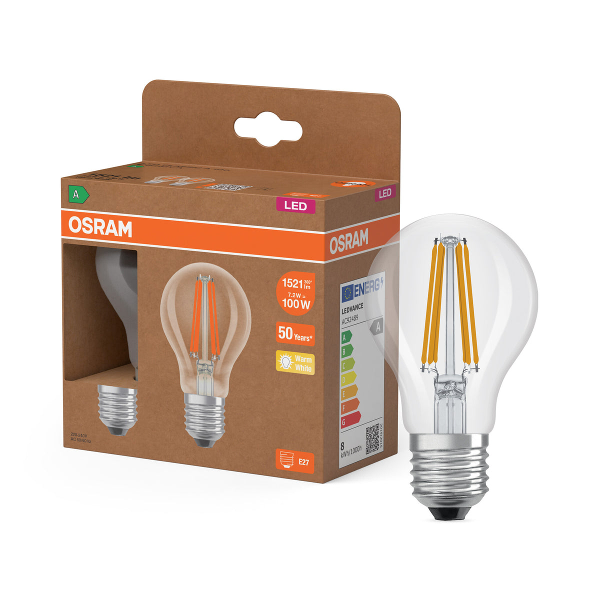 OSRAM LED LAMPS ENERGY CLASS A ENERGY EFFICIENCY FILAMENT CLASSIC A in A-Form, LED-Lampe, Bleifreies Glas, Klar, 7,2 W, 1521 lm, Warmweiß, Energieeffizienzklasse: A, 2er