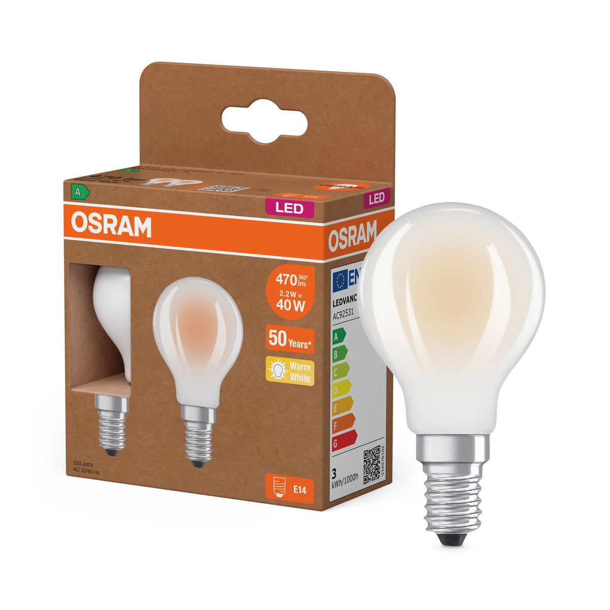 OSRAM LED CLASSIC P ENERGY EFFICIENCY A in P-Form, LED-Lampe, Bleifreies Glas, Matt, 2,2 W, (ex 40 W), 470 lm, Warmweiß, 2700 K, Energieeffizienzklasse: A, CRI 80, 2er