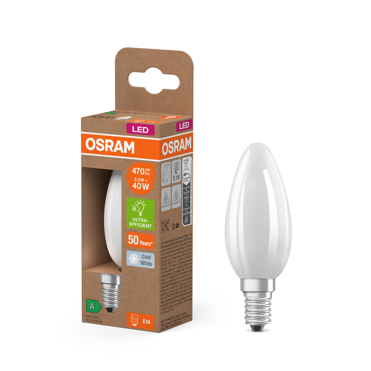 OSRAM Energy Class LED-Lampe, Kerze, 2.2W, Frosted, EEK A