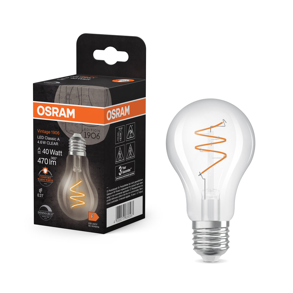 OSRAM Vintage 1906 Classic LED-Lampe Klar, 4.6W, 470lm, E27