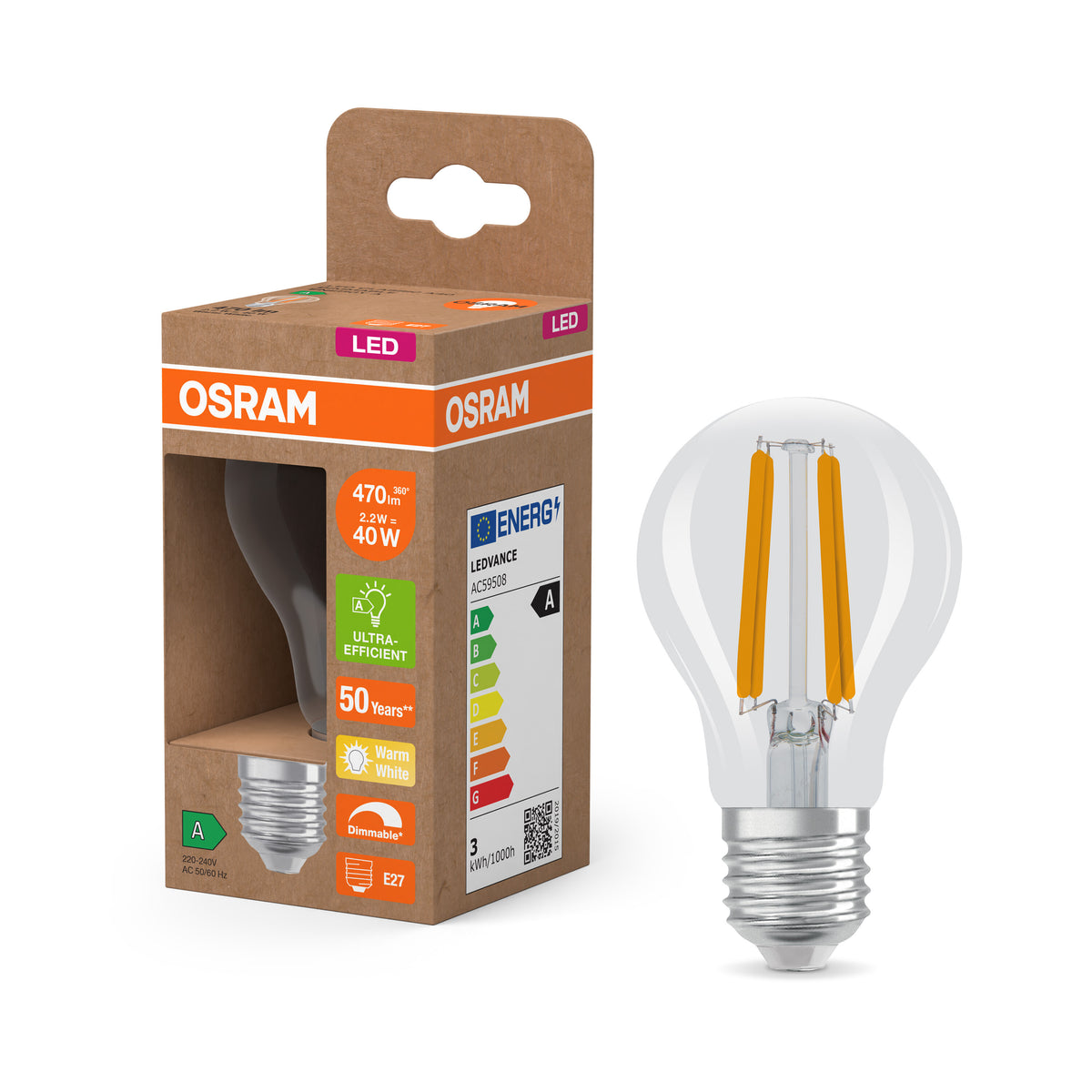 OSRAM Energy Class LED-Lampe, 2.2W, 470lm, Klar, E27