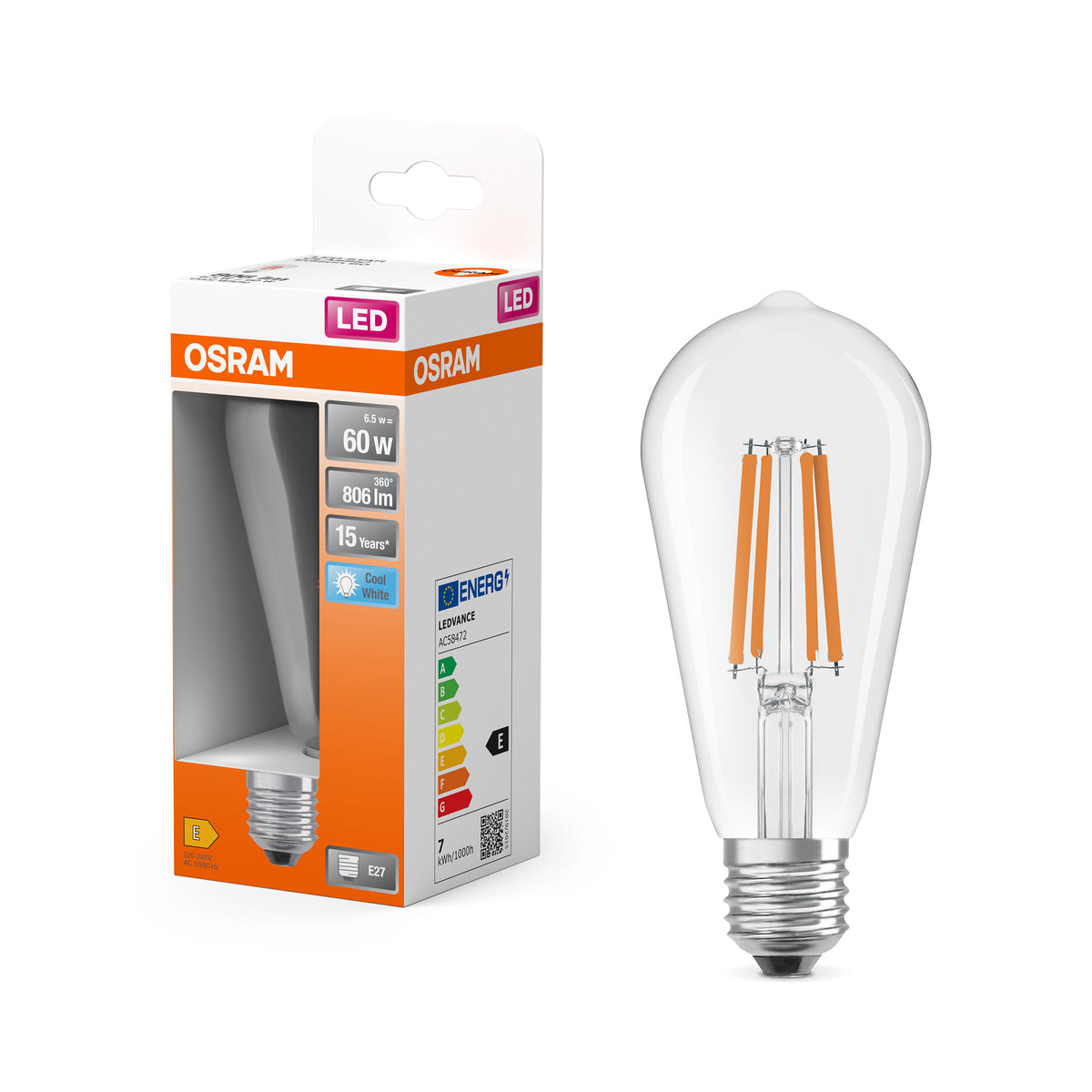 OSRAM LED Star Classic Lampe, Edisonform, 6.5W, 806lm, Klar