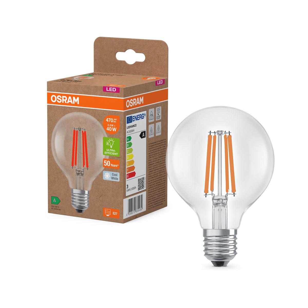 LEDVANCE LED-Globe-Lampe mit Filament EEK A, E27, 5W, 4000K