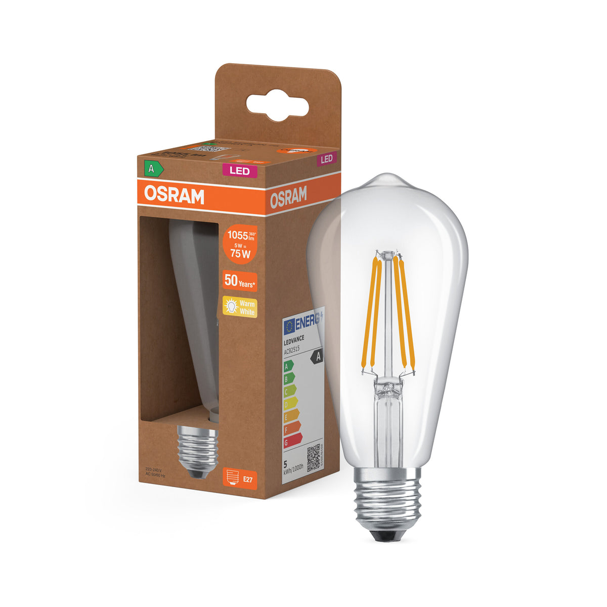OSRAM LED LAMPS ENERGY CLASS A  ENERGY EFFICIENCY FILAMENT CLASSIC EDISON , LED-Lampe, Bleifreies Glas, Klar, 5 W, (ex 75 W), 1055 lm, Warmweiß, Energieeffizienzklasse: A