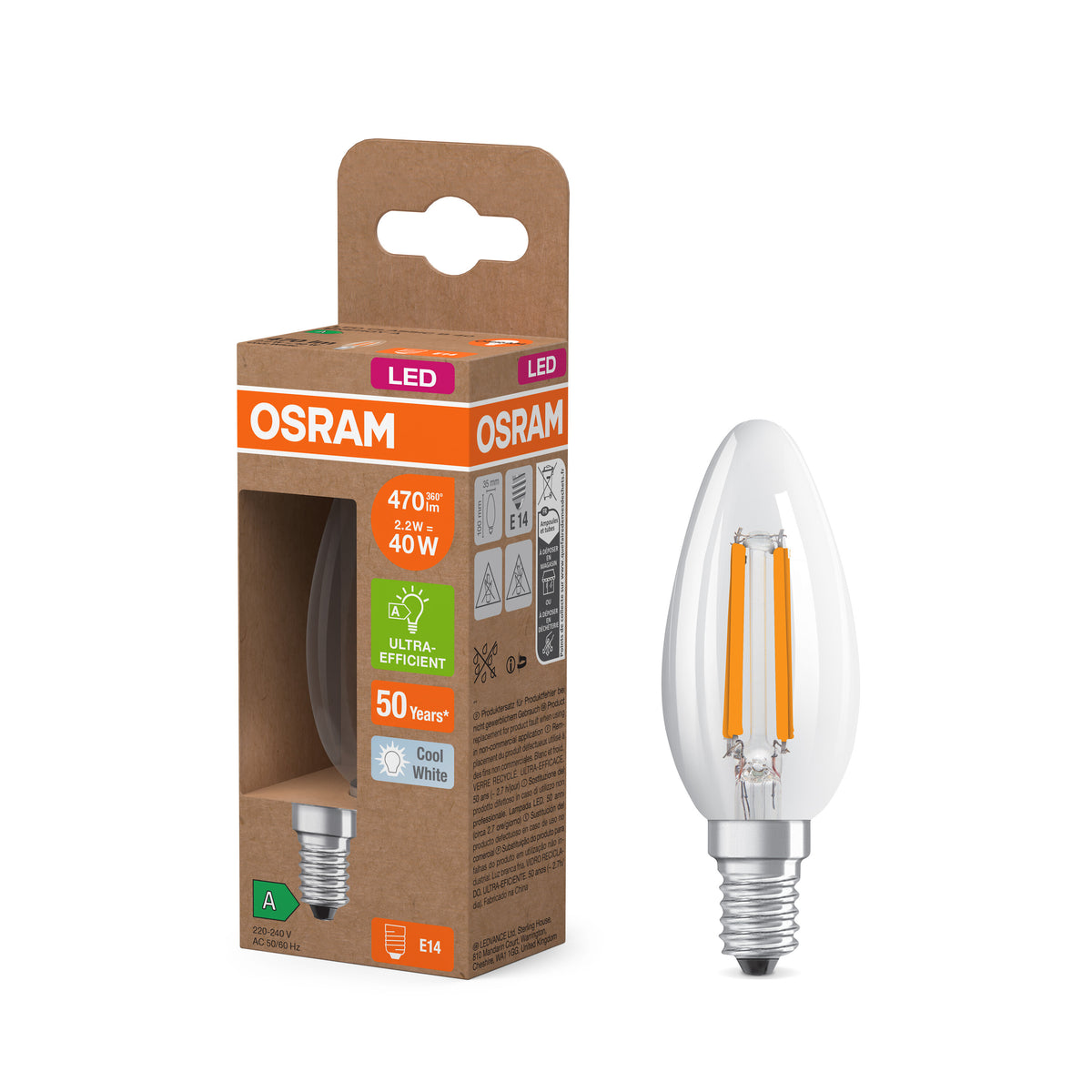 OSRAM Energy Class LED-Lampe, Minikerze, 2.2W, Klar, EEK A