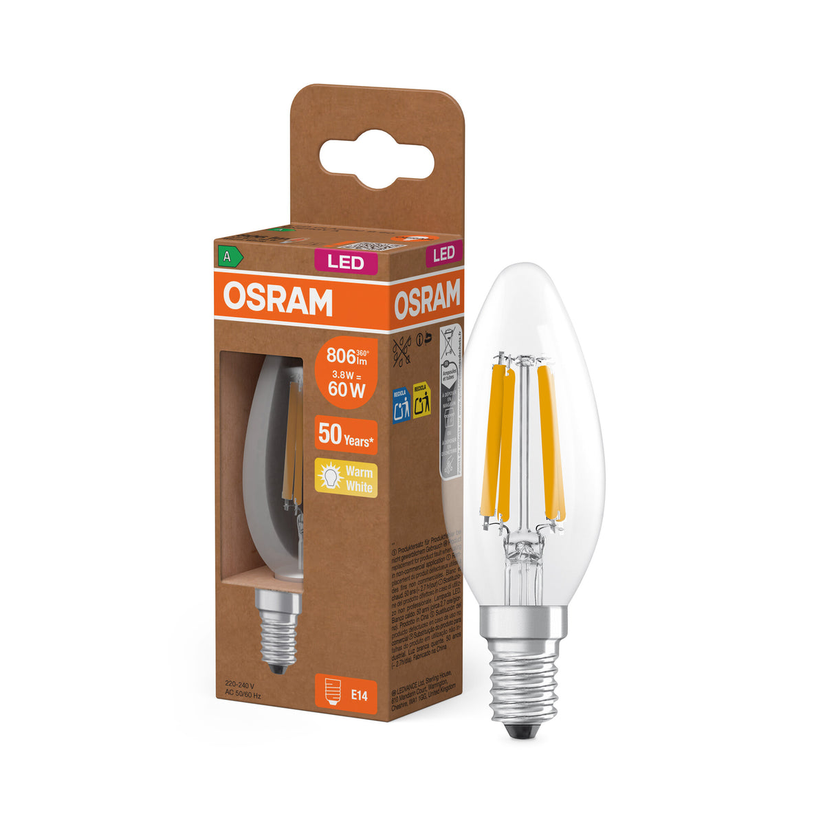 OSRAM LED CLASSIC B ENERGY EFFICIENCY A in B-Form, LED-Lampe, Bleifreies Glas, Klar, 3,8 W, (ex 60 W), 806 lm, Warmweiß, 2700 K, Energieeffizienzklasse: A, CRI 80