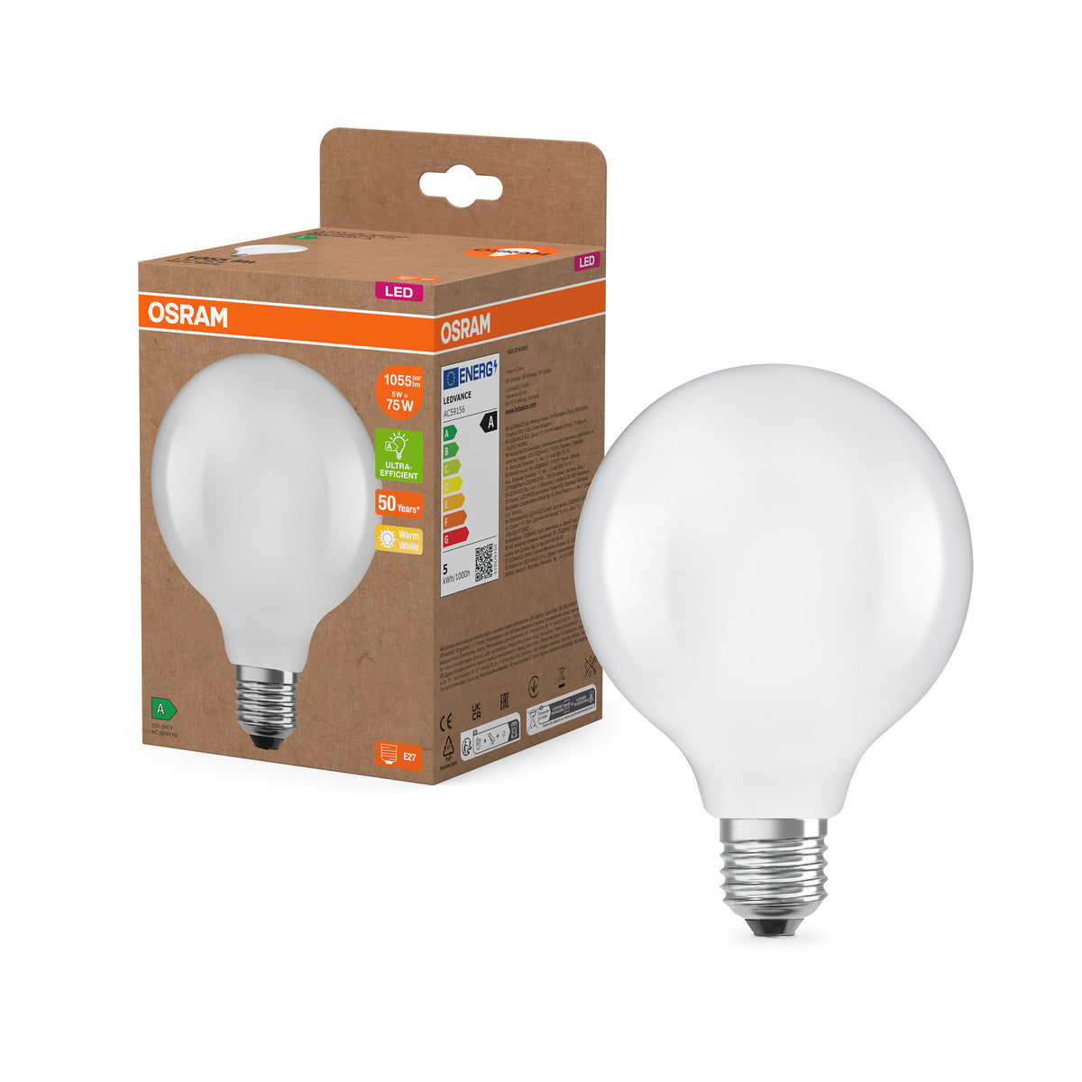 LEDVANCE LED-Globe-Lampe mit Filament EEK A, E27, 5W, 2700K