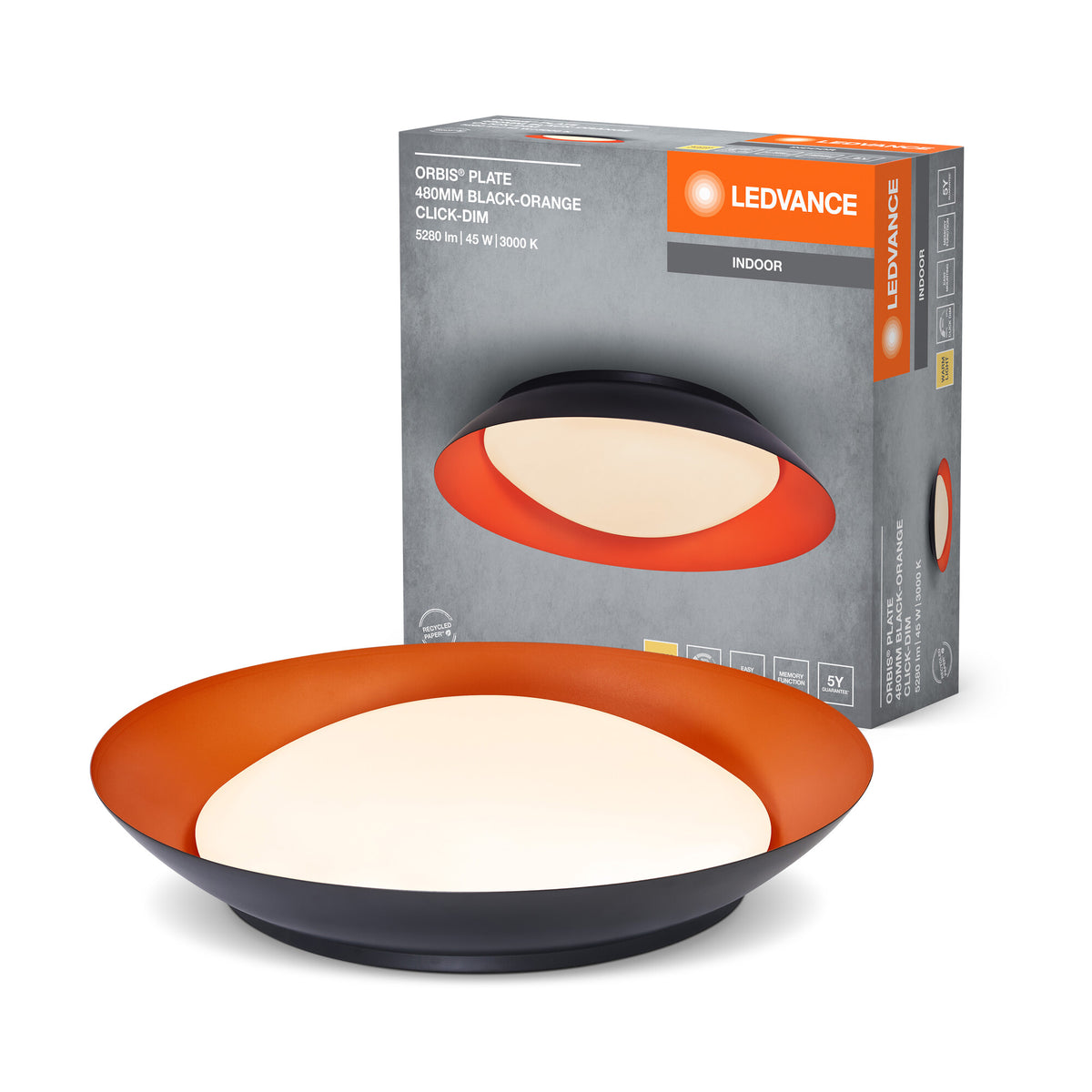 LEDVANCE Orbis Plate LED-Deckenleuchte, schwarz-orange, 45W, 2200lm, 3000K, 480mm, 830 freundliches Warmweiß, durch Kicken in 3-Stufen dimmbar, IP20 Schutz, Montageschrauben und Dübel inklusive
