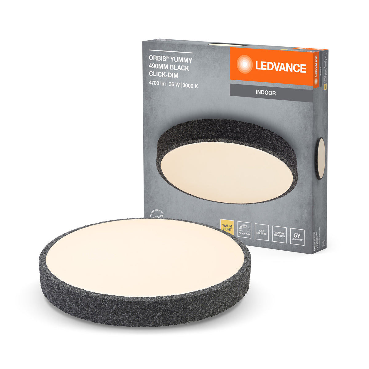 LEDVANCE ORBIS Yummy LED-Deckenleuchte mit Metallring, schwarz, 36W, 2600lm, 3000K, 490mm, 830 freundliches Warmweiß, durch Klicken dimmbar, IP20 Schutz, Montageschrauben und Dübel inklusive