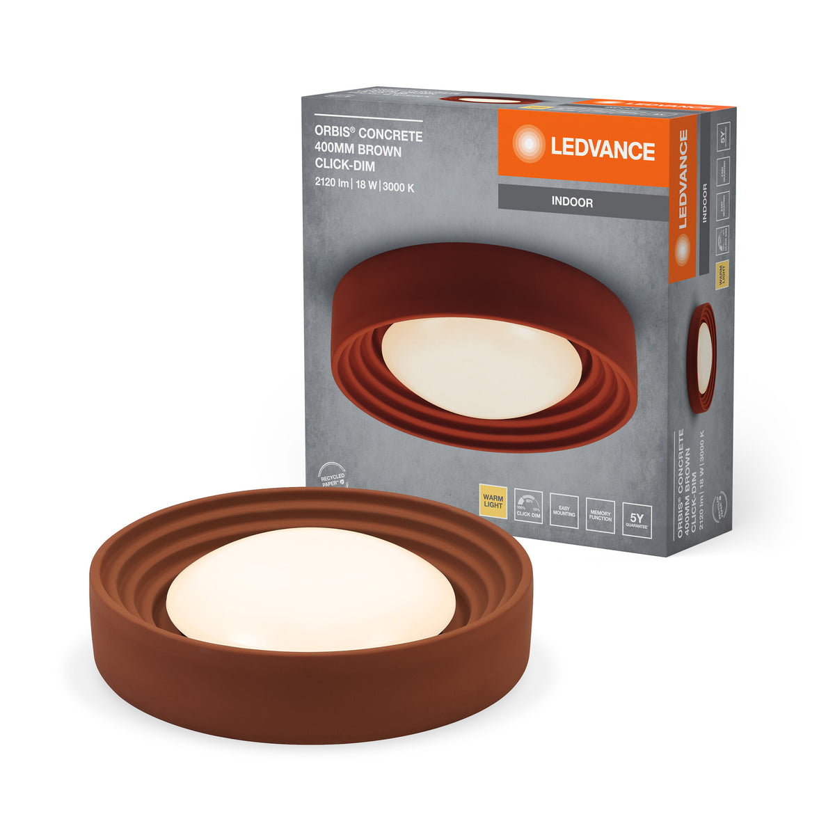 LEDVANCE ORBIS Concrete, braune Beton-Deckenleuchte mit LED, 18W, 1500lm, 3000K freundliches Warmweiß, durch Klicken in 3-Stufen dimmbar, 400mm Durchmesser, IP20 Schutz, für Badezimmer geeignet