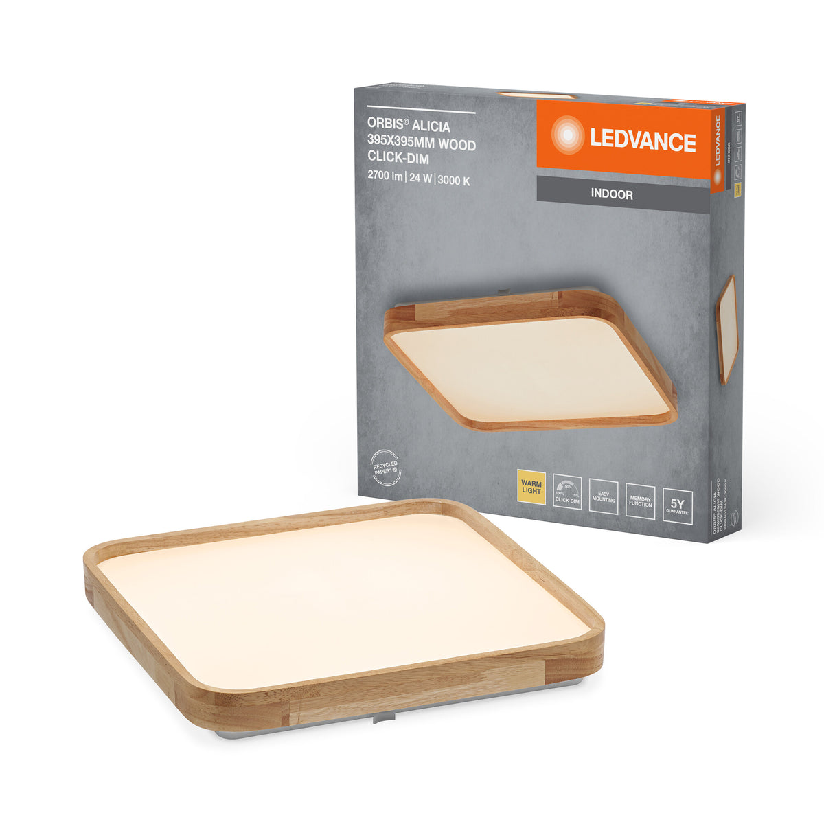 LEDVANCE ORBIS Alicia LED-Deckenleuchte mit Holzdekor, 24W, 1600lm, 3000K, 395x395mm, freundliches Warmweiß, durch Klicken dimmbar, IP20 Schutz, Montageschrauben und Dübel inklusive