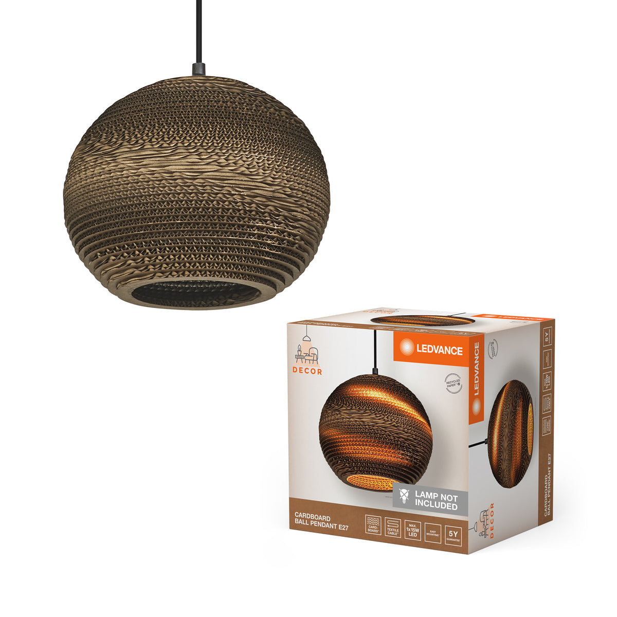 LEDVANCE DECOR Pendelleuchte Decor Cardboard Ball braun, E27