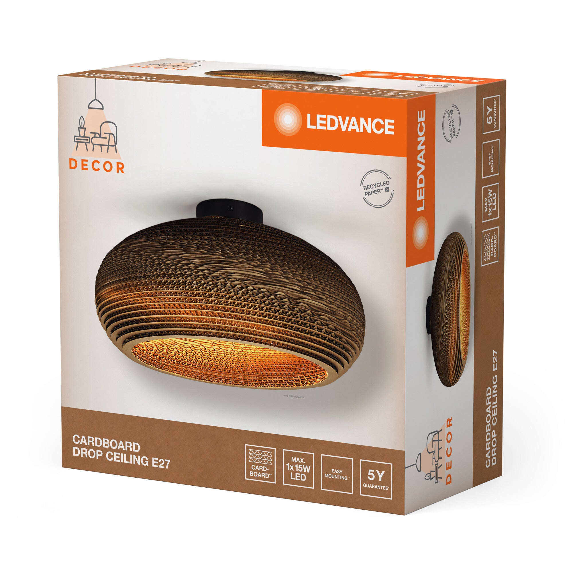 LEDVANCE Pendelleuchte Decor Cardboard Ball Braun – Aus Wellpappe, E27, 26 Cm, Nachhaltig & Einfach Zu Montieren