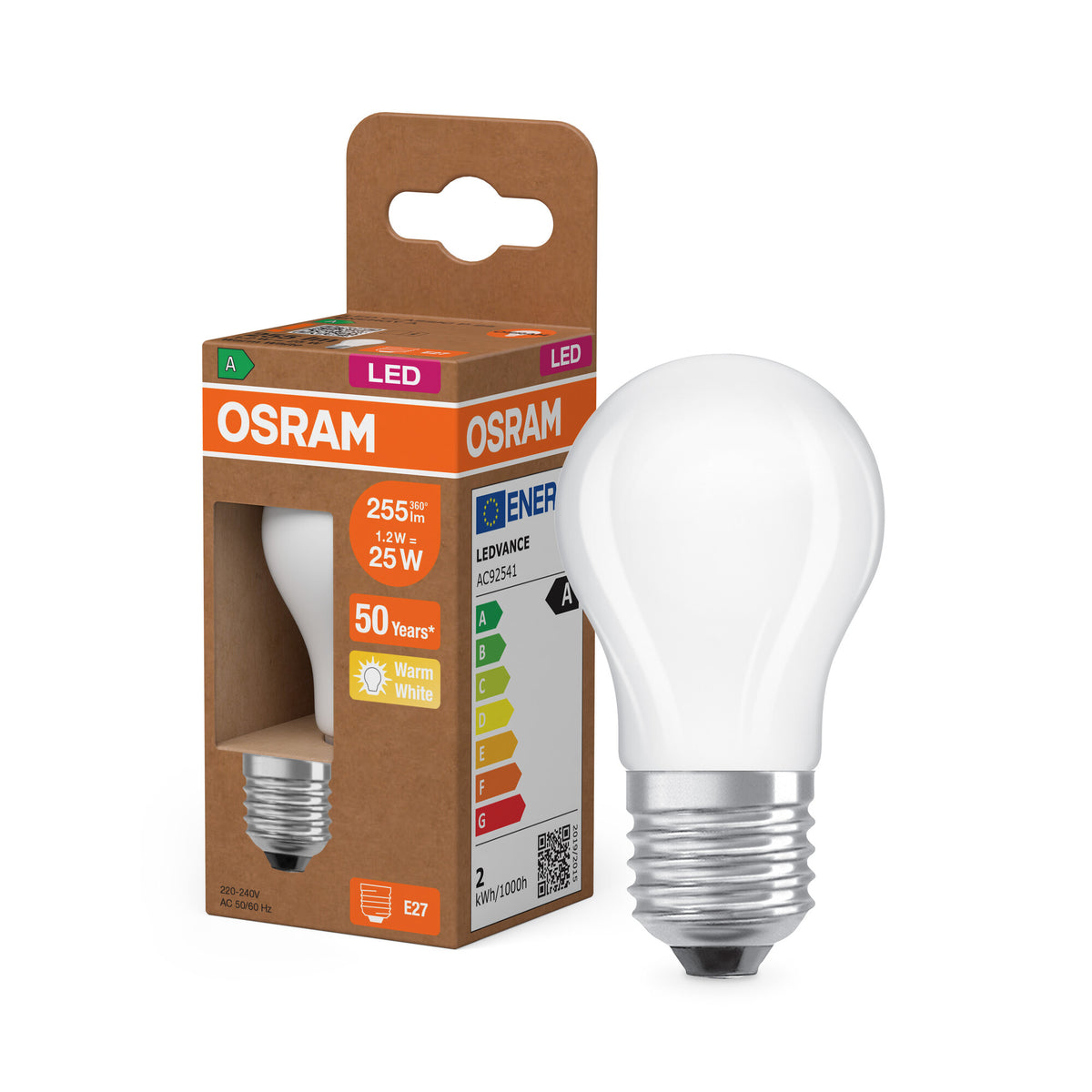 OSRAM LED CLASSIC P ENERGY EFFICIENCY A , LED-Lampe, Bleifreies Glas, Matt, 1,2 W, (ex 25 W), 255 lm, Warmweiß, 2700 K, Energieeffizienzklasse: A, CRI 80