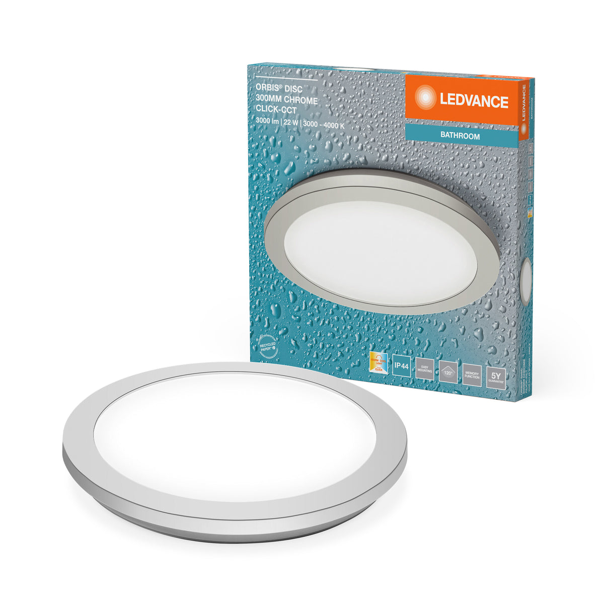LEDVANCE ORBIS Disc Wand-/Deckenleuchte mit LED, Chrom, 22W, 1800lm, 3000/4000K, über Wandschalter mit Click CCT einstellbar, 30cm Durchmesser, IP44 Schutz für Badezimmer, Schrauben/Dübel inklusive