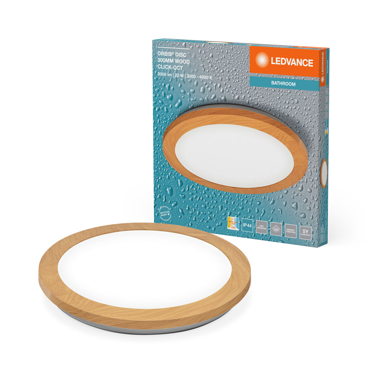 LEDVANCE ORBIS Disc Badezimmer Deckenleuchte 30cm 22W IP44 Holzdekor