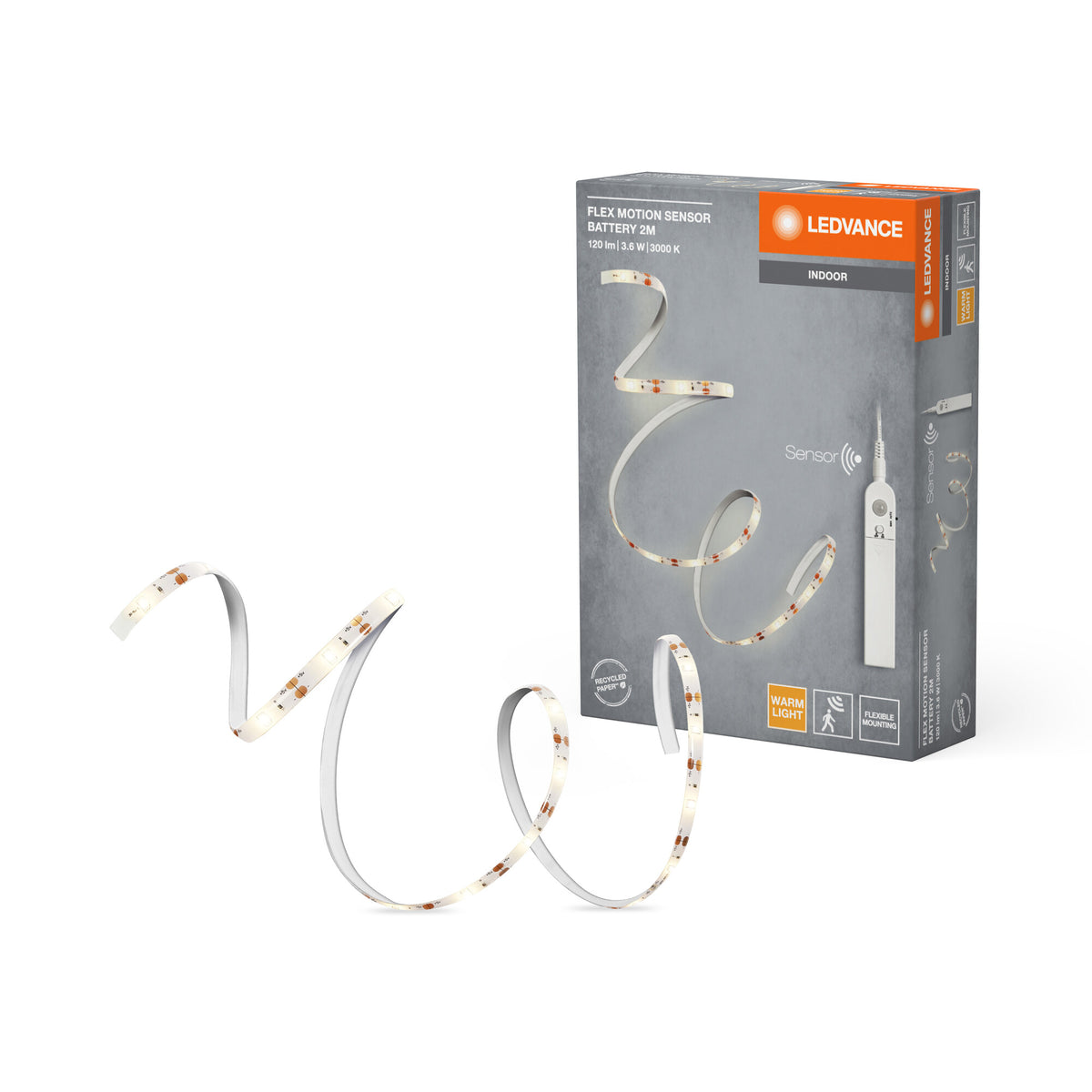 LEDVANCE FLEX MOTION SENSOR batteriebetriebener LED-Streifen mit warmweißem Licht und Bewegungssensor, 2m, 3. 6W, 150lm, 3000K, 830 warmweiß, nicht dimmbar, IP20, Leuchtmittel nicht austauschbar