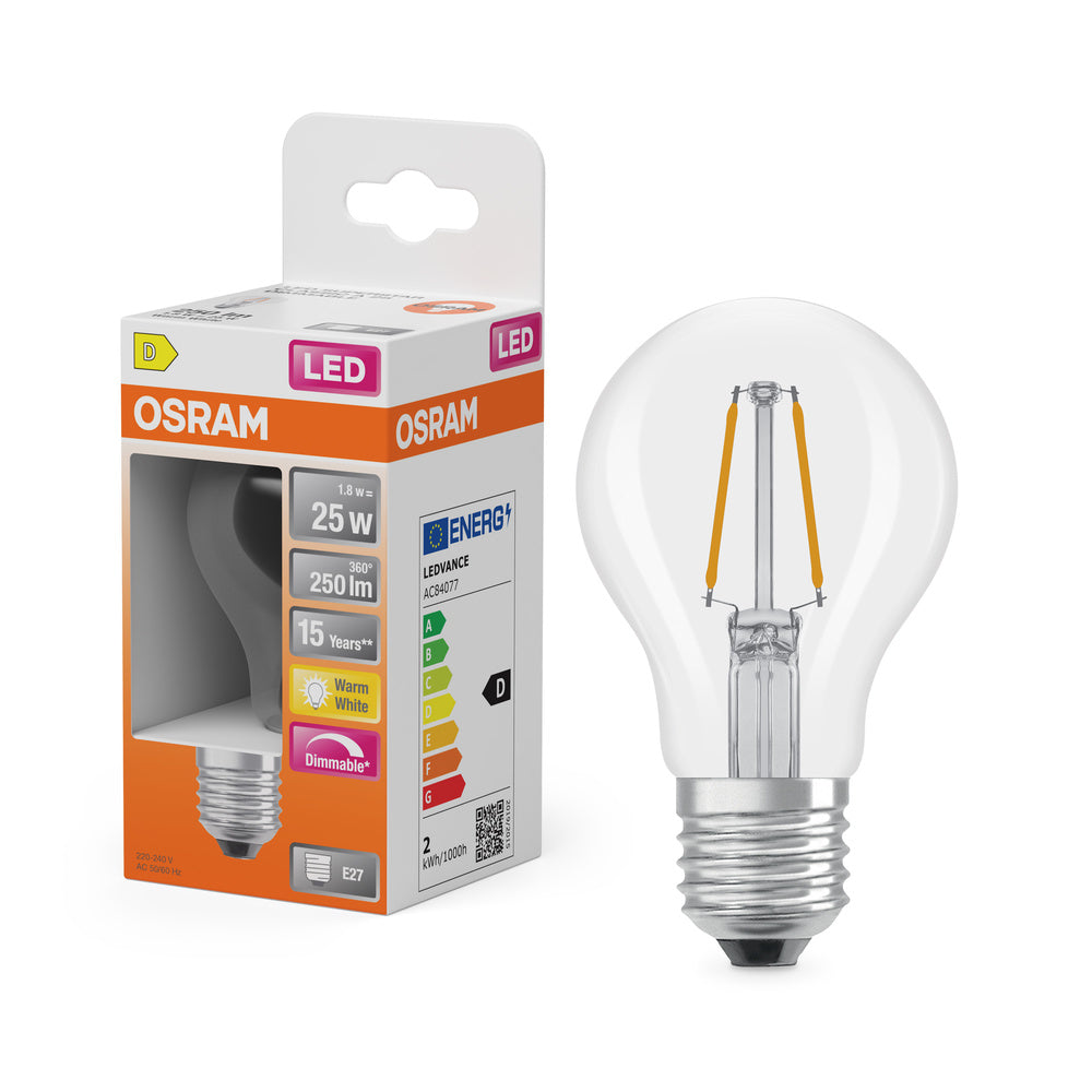 OSRAM LED Lampe LED Retrofit CLASSIC A DIM 2.2W 827 Clear E27, 250 lm, 2700 K, Warmweiß