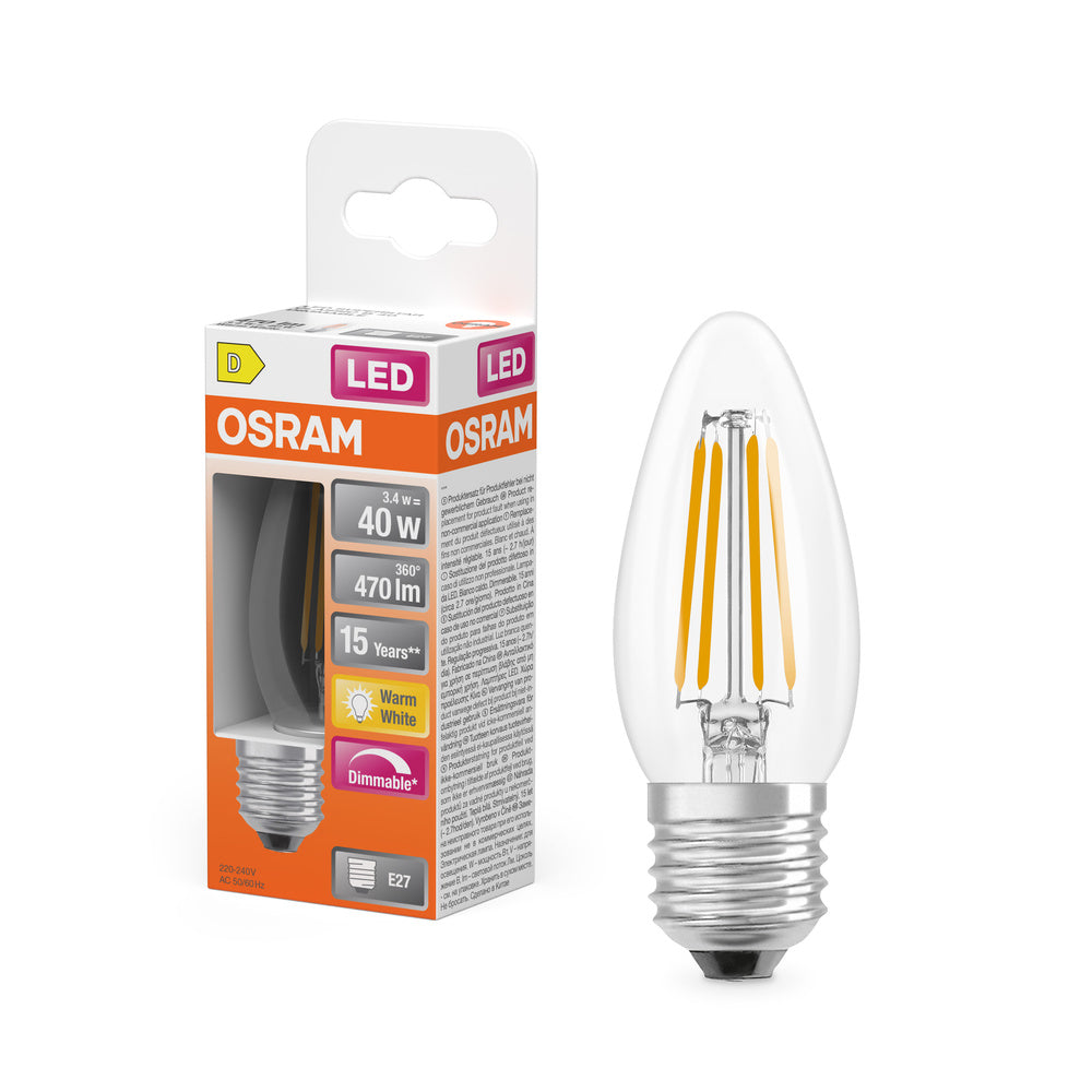 OSRAM LED Lampe LED Retrofit CLASSIC B DIM 4.8W 827 Clear E27, 470 lm, 2700 K, Warmweiß