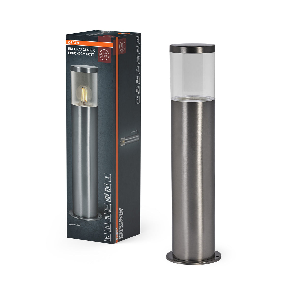 OSRAM ENDURA CLASSIC EBRO Außenleuchte, Wandleuchte, 49 cm, Edelstahl, einfache & schnelle Installation, IP44 Schutzklasse, flexible Anwendung im Außenbereich