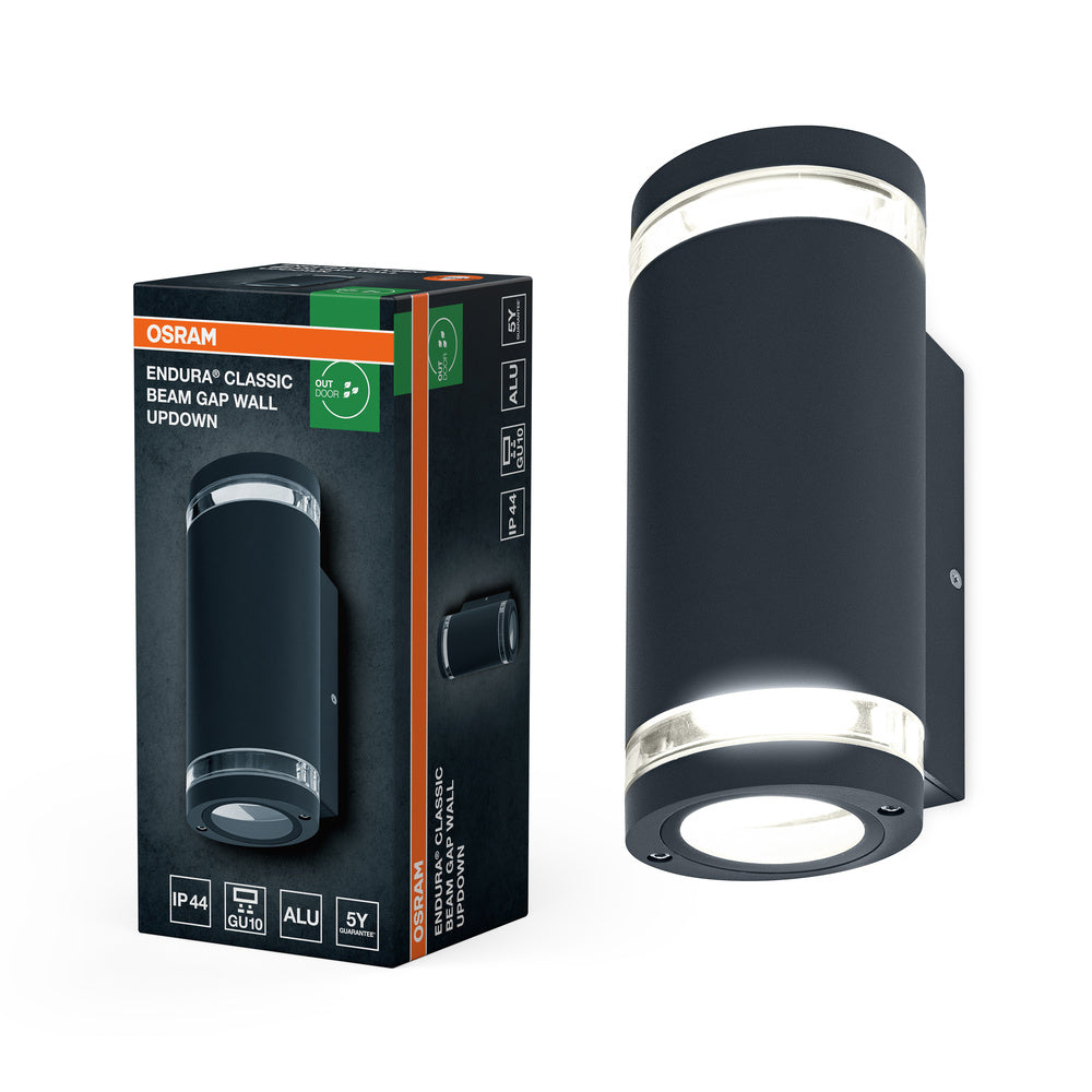 OSRAM LED Wandleuchte für 2x GU10 Leuchtmittel, Design Leuchte für Aussen, für 2-seitige indirekte Beleuchtung mit dursichtigen Ringen, aus Aluminium in dunkelgrau, ENDURA BEAM GAP Wall UpDown GU10