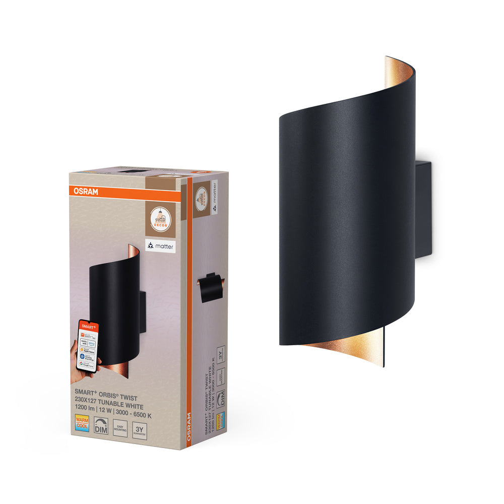OSRAM Matter SMART+ ORBIS TWIST LED Wandleuchte 23x12,7cm Tunable Weiß 12W / 3000-6500K schwarz