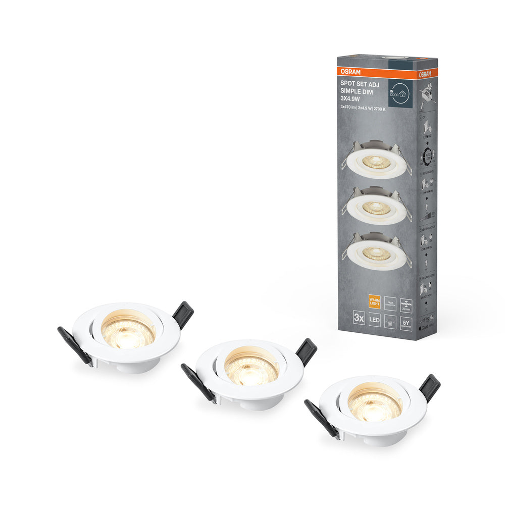 OSRAM LED Einbaustrahler 3er Set, 3x 5W, Ø 90mm, Warmweiß, Stufenlos Dimmbar per Wandschalter, weiß