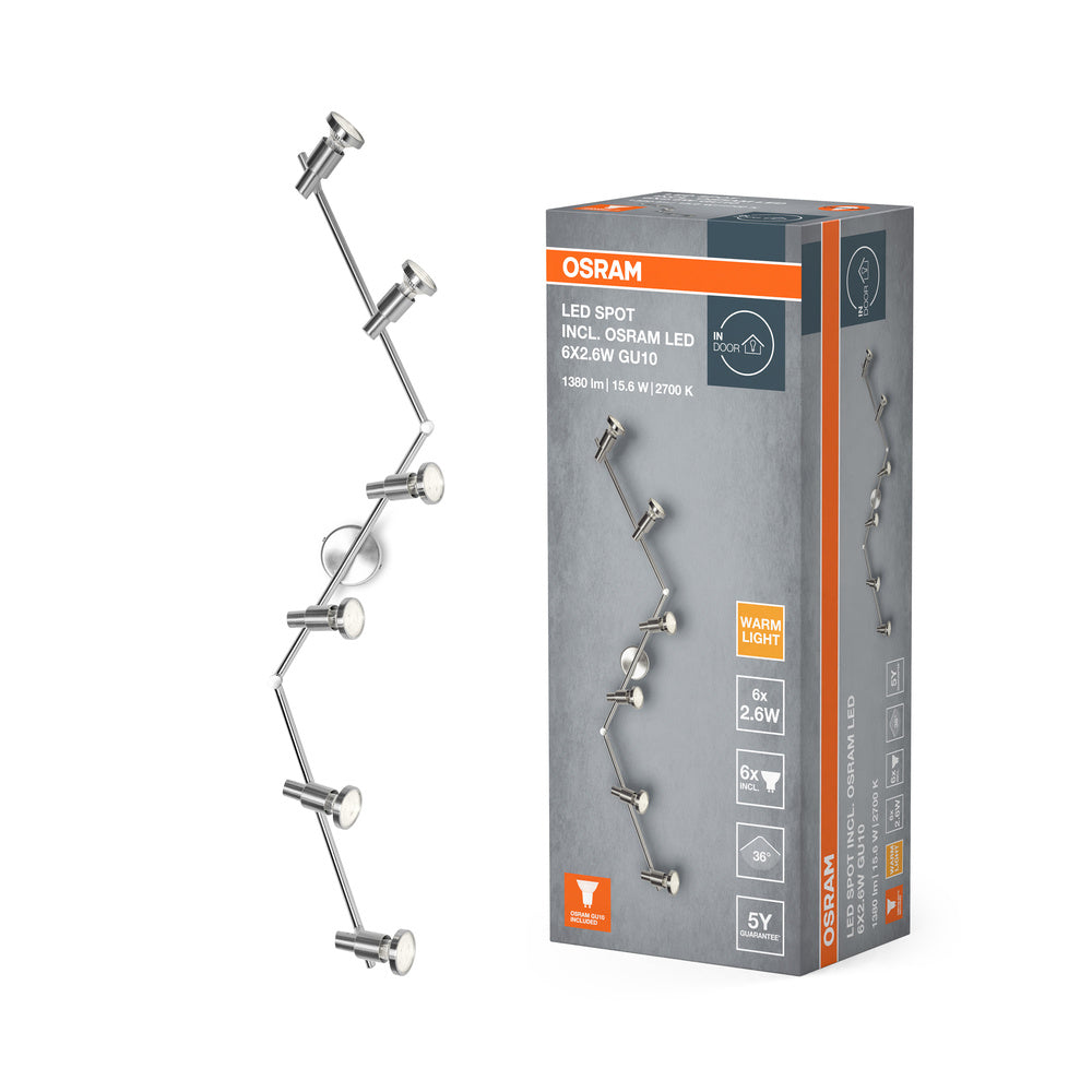 OSRAM LED Spotlight, 6-flammiger hochwertiger Spotstrahler aus Aluminium, geeignet für Wand und Decke Innen, austauschbare GU10-Leuchtmittel enthalten, Warmweiß (2700K), 3W, LED SPOT GU10 6x3W