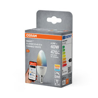 OSRAM Matter SMART+ Candle LED Lampe 4,9W TW FR E14, 470 lm, 2700…6500 K, Tunable White