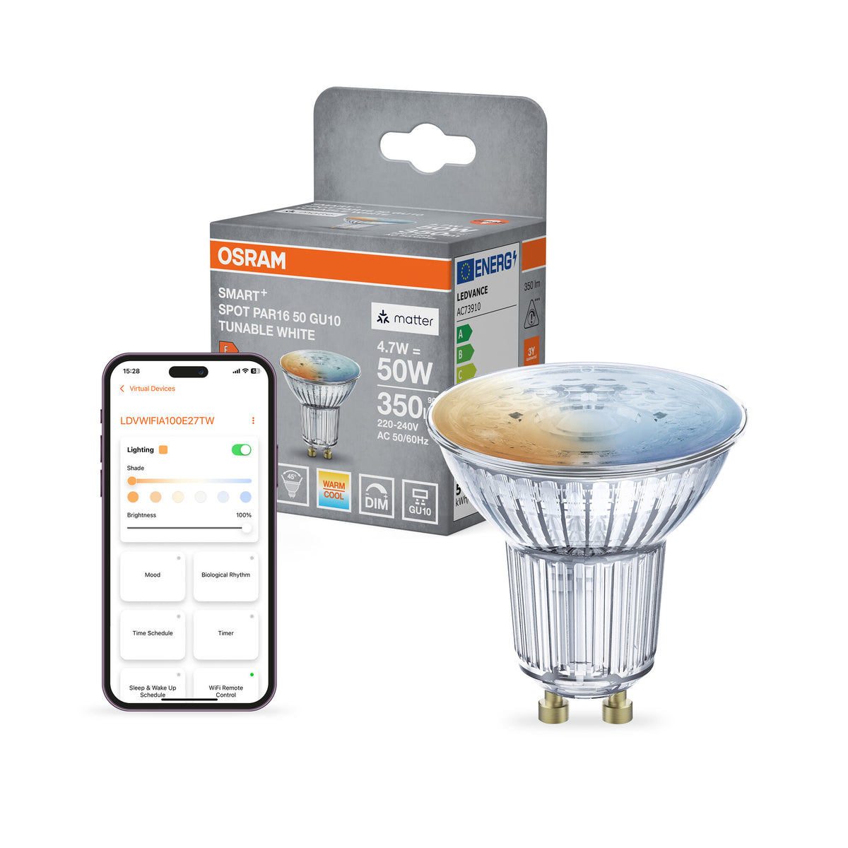 OSRAM SMART+ MATTER Spot Tunable White in PAR16-Form, LED-Spot, Glas, 4,7 W, 350 lm, von 2700 bis 6500 K, Matter, Smartspeaker-Kompatibel, Dimmbar