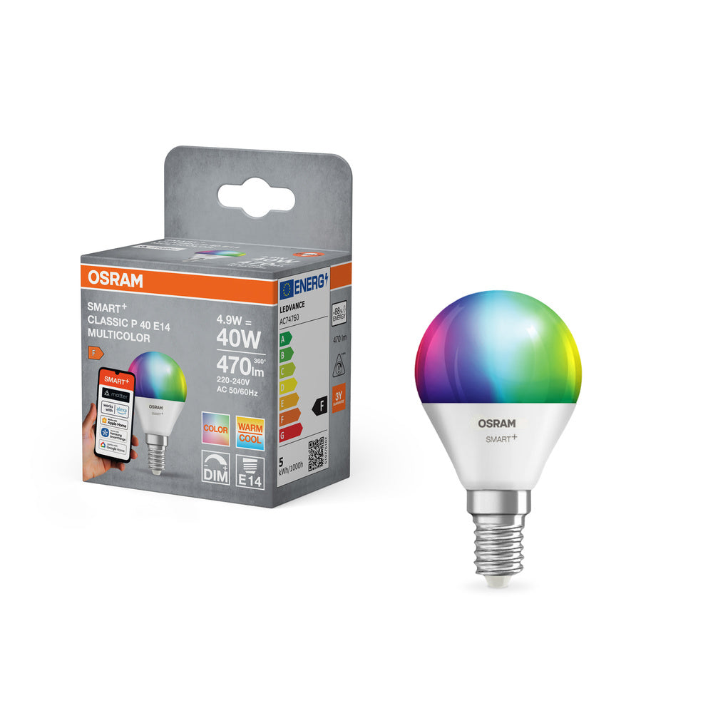 OSRAM Matter SMART+ LED Lampe CLASSIC P, RGB, Frost-Optik, 4,9W, 470lm, E14