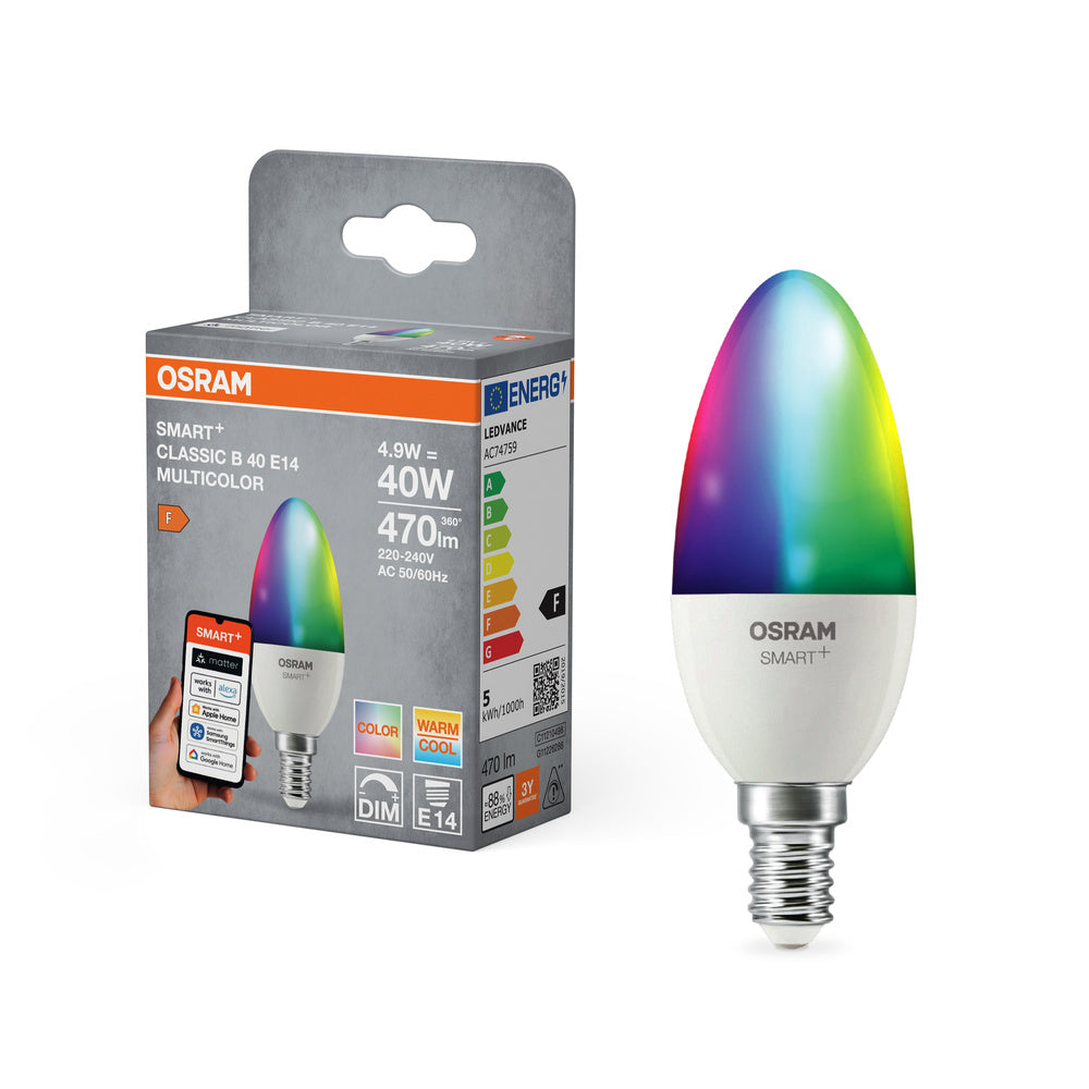 OSRAM Matter SMART+ LED Lampe CLASSIC B, RGB, Frost-Optik, 4,9W, 470lm, E14