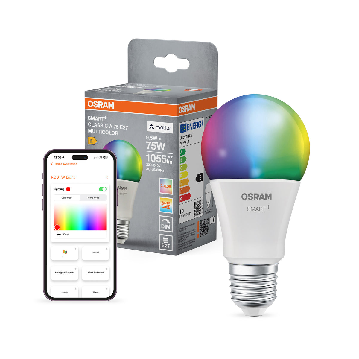 OSRAM SMART+ MATTER Classic shapes Multicolor in A-Form, LED-Lampe, Matt, 9,5 W, 1055 lm, von 2700 bis 6500 K, Matter, Smartspeaker-Kompatibel, Dimmbar