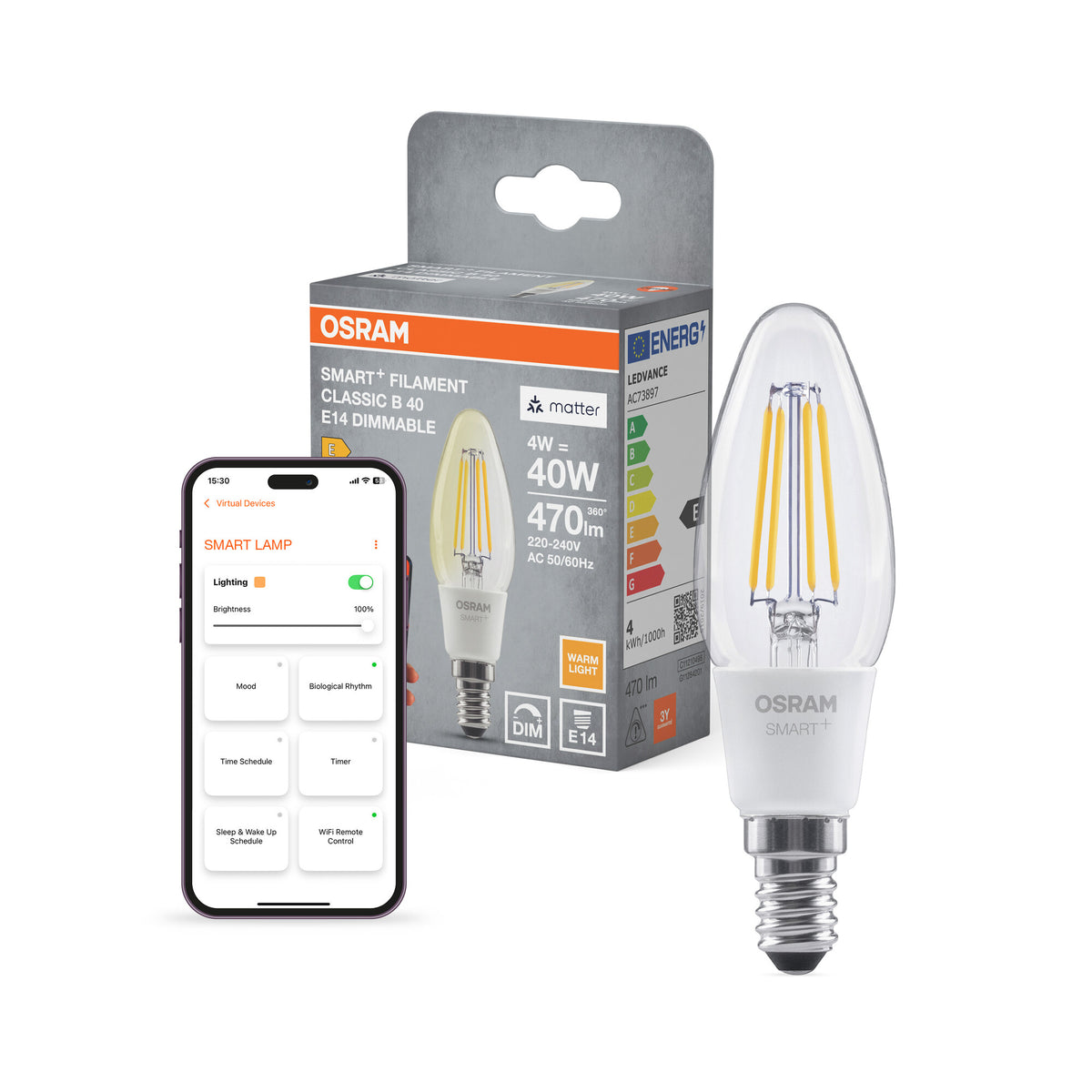 OSRAM SMART+ MATTER Filament Classic shapes Dimmable in B-Form, LED-Lampe, Glas, klar, 4 W, 470 lm, 2700 K, Matter, Smartspeaker-Kompatibel, Dimmbar