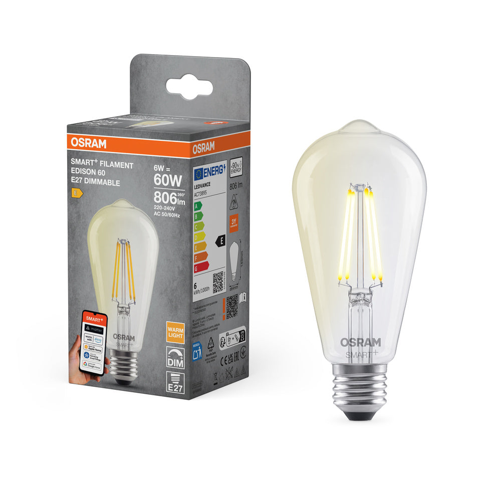 OSRAM Matter SMART+ LED-Lampe  Dimmbar (ex 60W) 6W / 2700K Warmweiß  E27