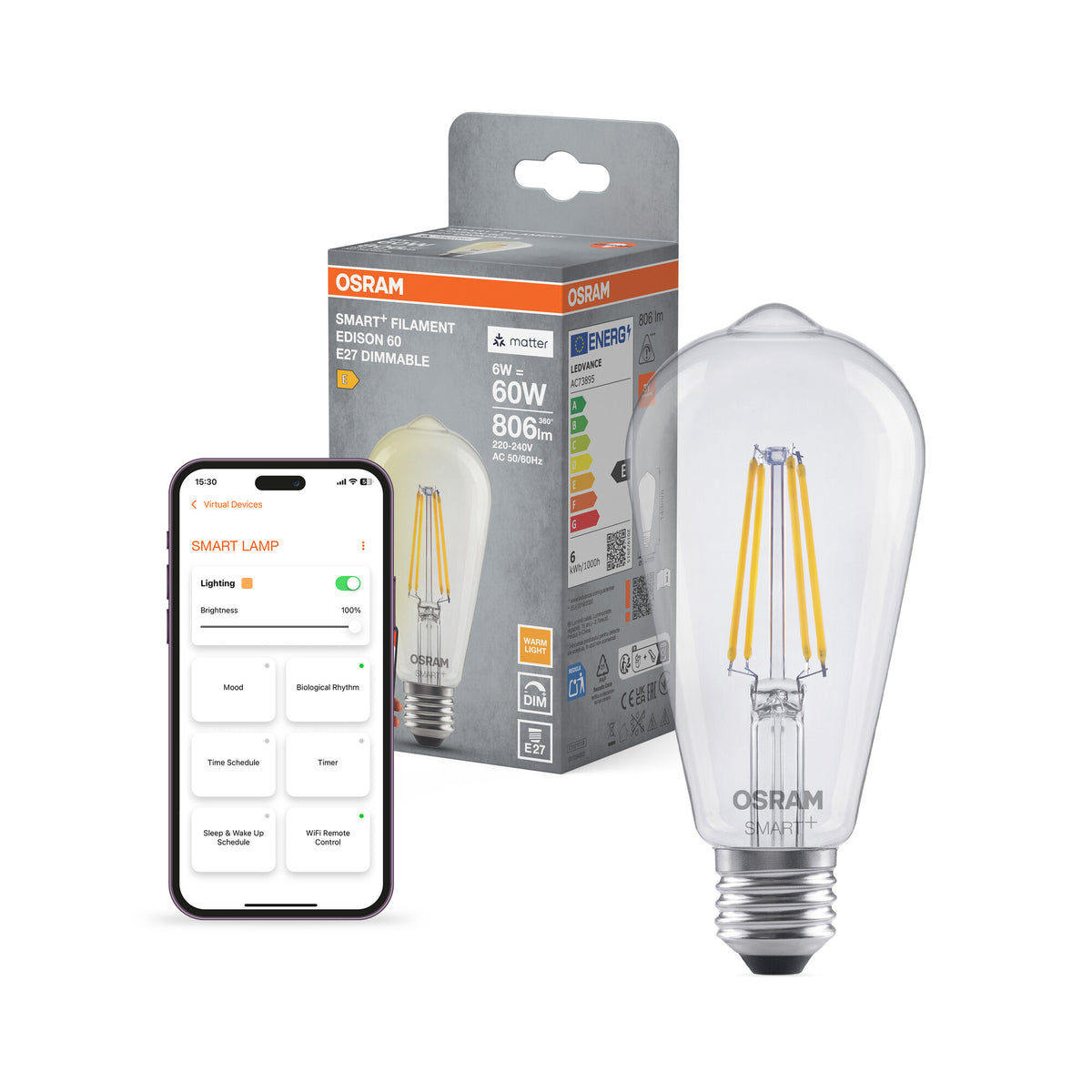 OSRAM SMART+ MATTER Filament Classic shapes Dimmable in Edison-Form, L