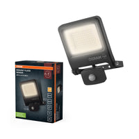 OSRAM ENDURA FLOOD PC 50W LED-Fluter mit Sensor, 3000K warmweiß, 5000 Lumen, IP44 Flutlicht Bewegungserkennung, Reichweite bis 9m, Grau