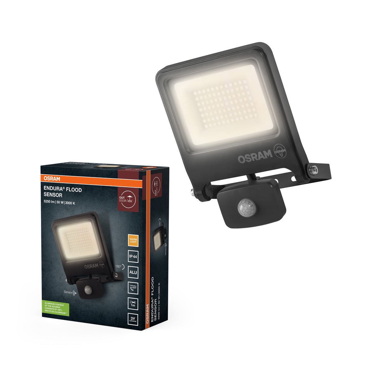 OSRAM ENDURA FLOOD PC 50W LED-Fluter mit Sensor, 3000K warmweiß, 5000 Lumen, IP44 Flutlicht Bewegungserkennung, Reichweite bis 9m, Grau