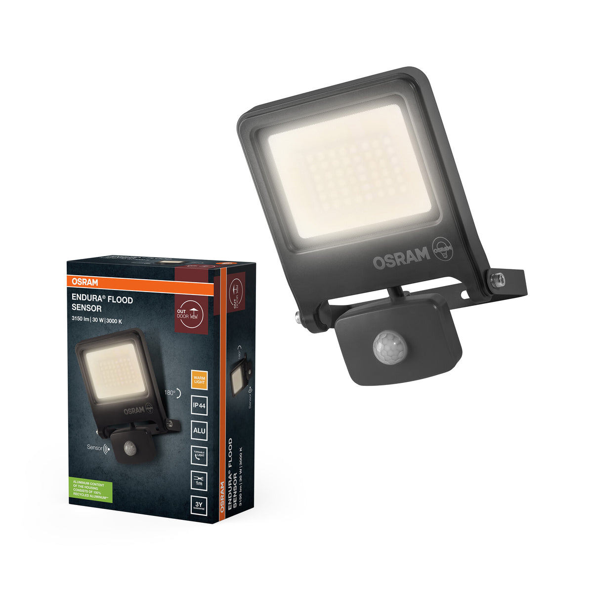 OSRAM ENDURA FLOOD PC 30W LED-Fluter mit Sensor, 3000K warmweiß, 3000 Lumen, IP44 Flutlicht Bewegungsmelder 9m, Zeit-Steuerung 5s-10min