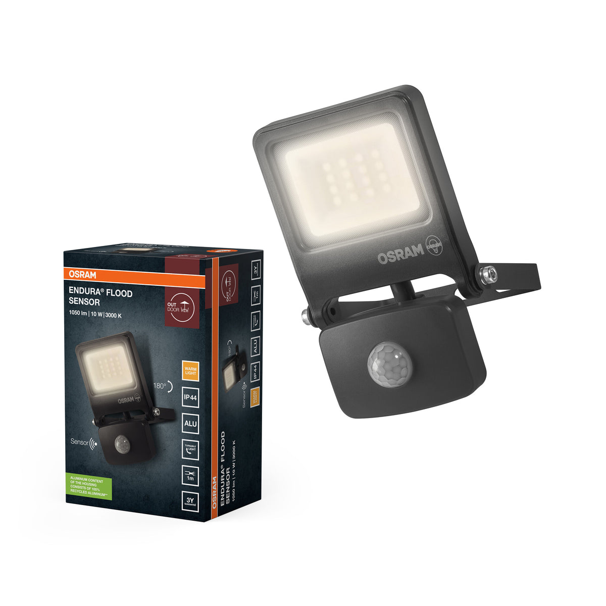 OSRAM ENDURA FLOOD PC 10W LED-Fluter mit Sensor, 3000K warmweiß, 1000