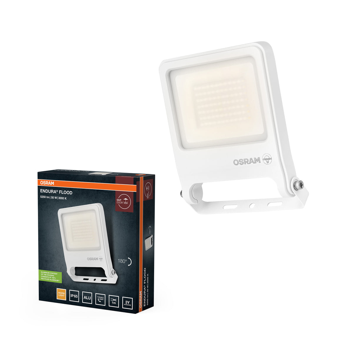 OSRAM ENDURA FLOOD PC 50W LED-Fluter, 3000K warmweiß, 5000 Lumen, IP65 Flutlicht, 1m Anschlusskabel, Weiß, 100 lm/W