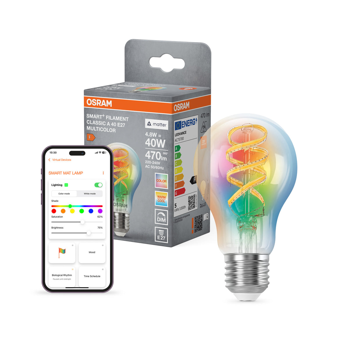 OSRAM SMART+ MATTER Filament Classic shapes multicolor in A-Form, LED-Lampe, Glas, klar, 4,8 W, 470 lm, von 2700 bis 6500 K, Matter, Smartspeaker-Kompatibel, Dimmbar