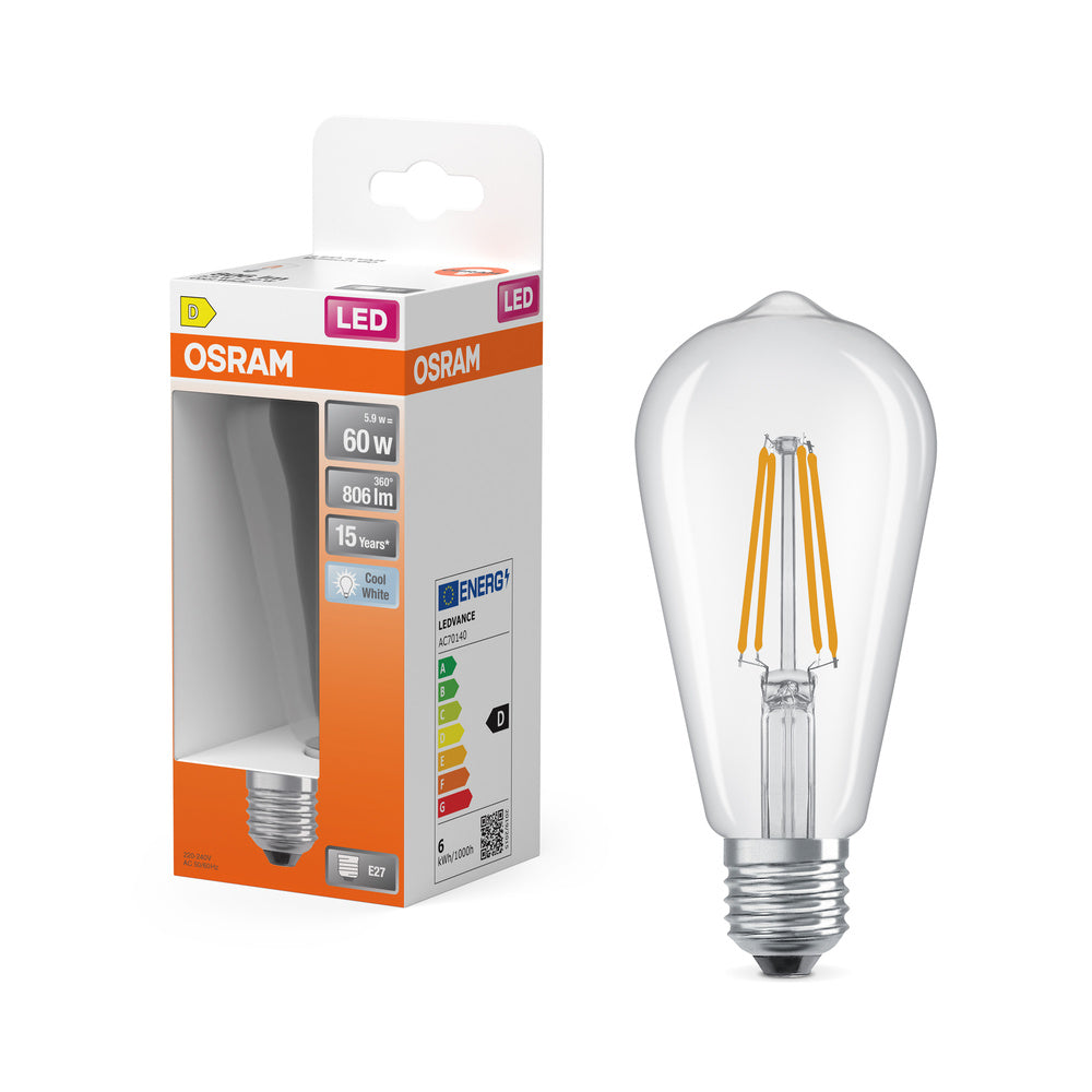 OSRAM LED Star Classic Lampe, Edisonform, 6.5W, 806lm, Klar , Kaltweiß , E27