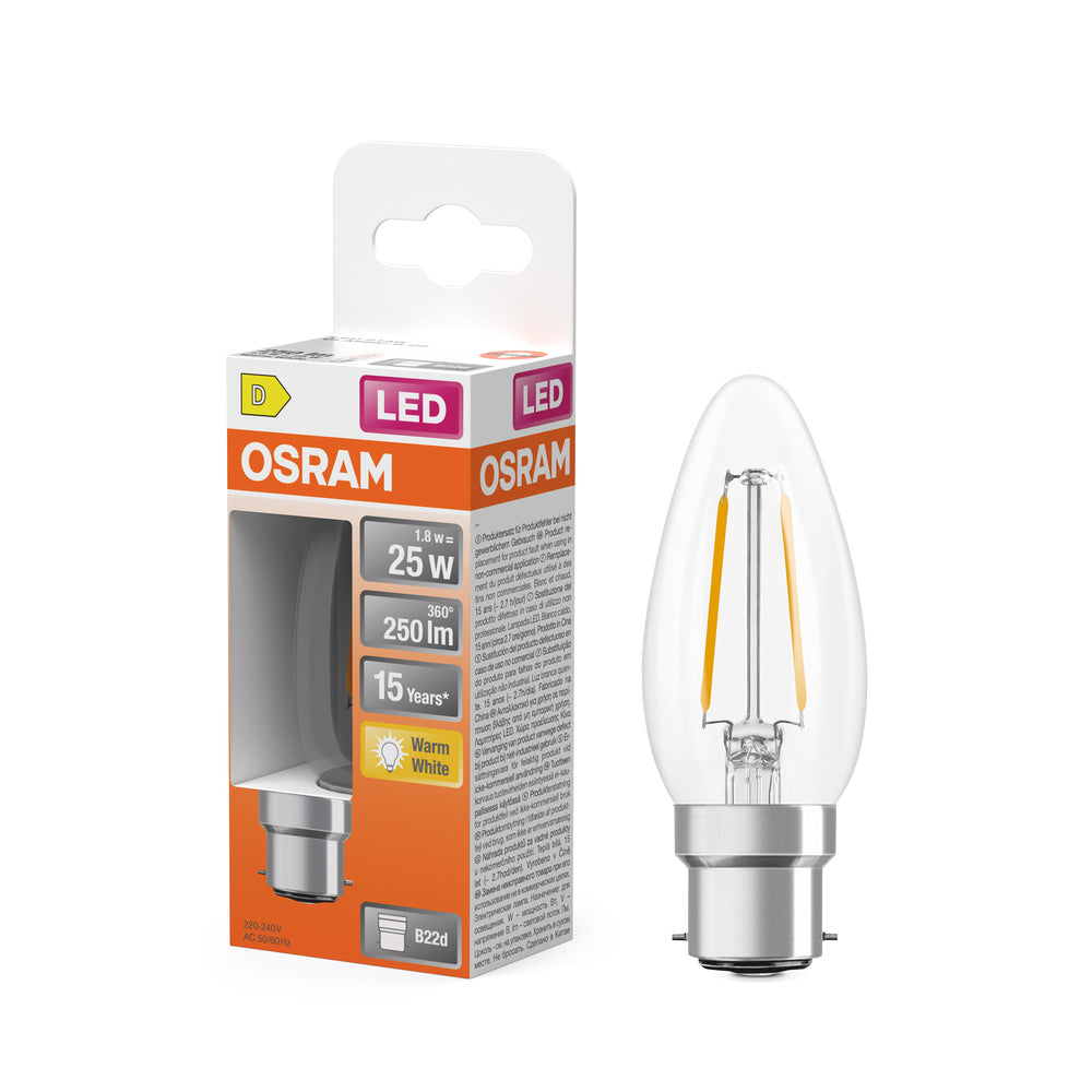 OSRAM LED Lampe LED Retrofit CLASSIC B 2.5W 827 Clear B22d, 250 lm, 2700 K, Warmweiß