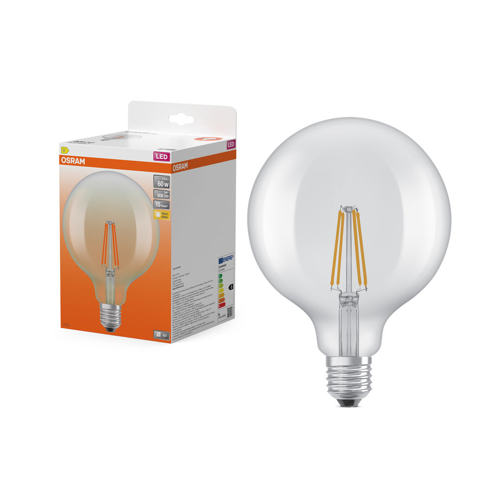 OSRAM LED-Lampen, klassische Ballform, 60 Watts Ersatz, E27, G125, 2700 Kelvin, Warm weiß, Klares Glas, single Pack
