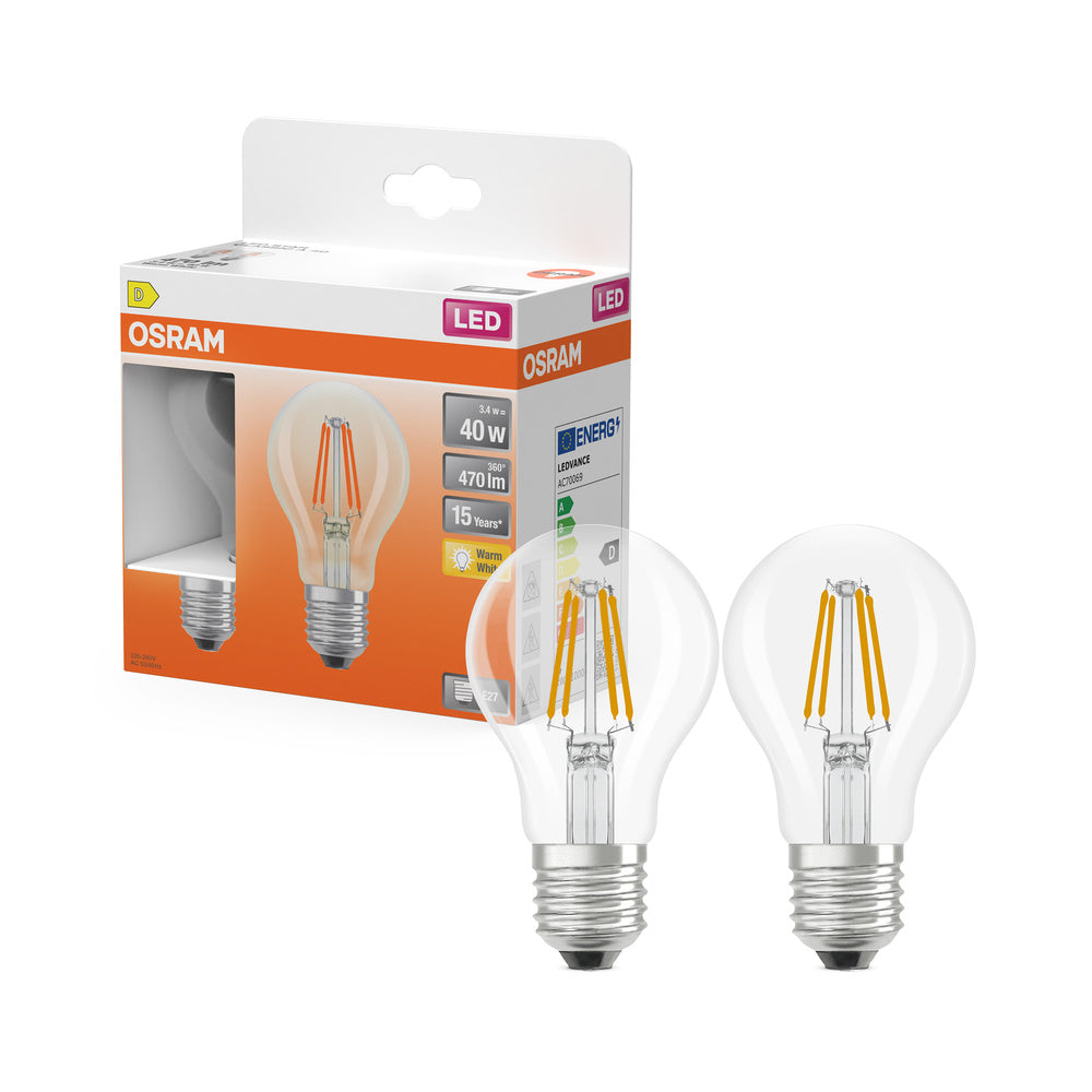 OSRAM LED-Lampen, klassische Kolbenform, 40 Watts Ersatz, E27, A-shape, 2700 Kelvin, Warmweiß, Klares Glas, 2-er Pack
