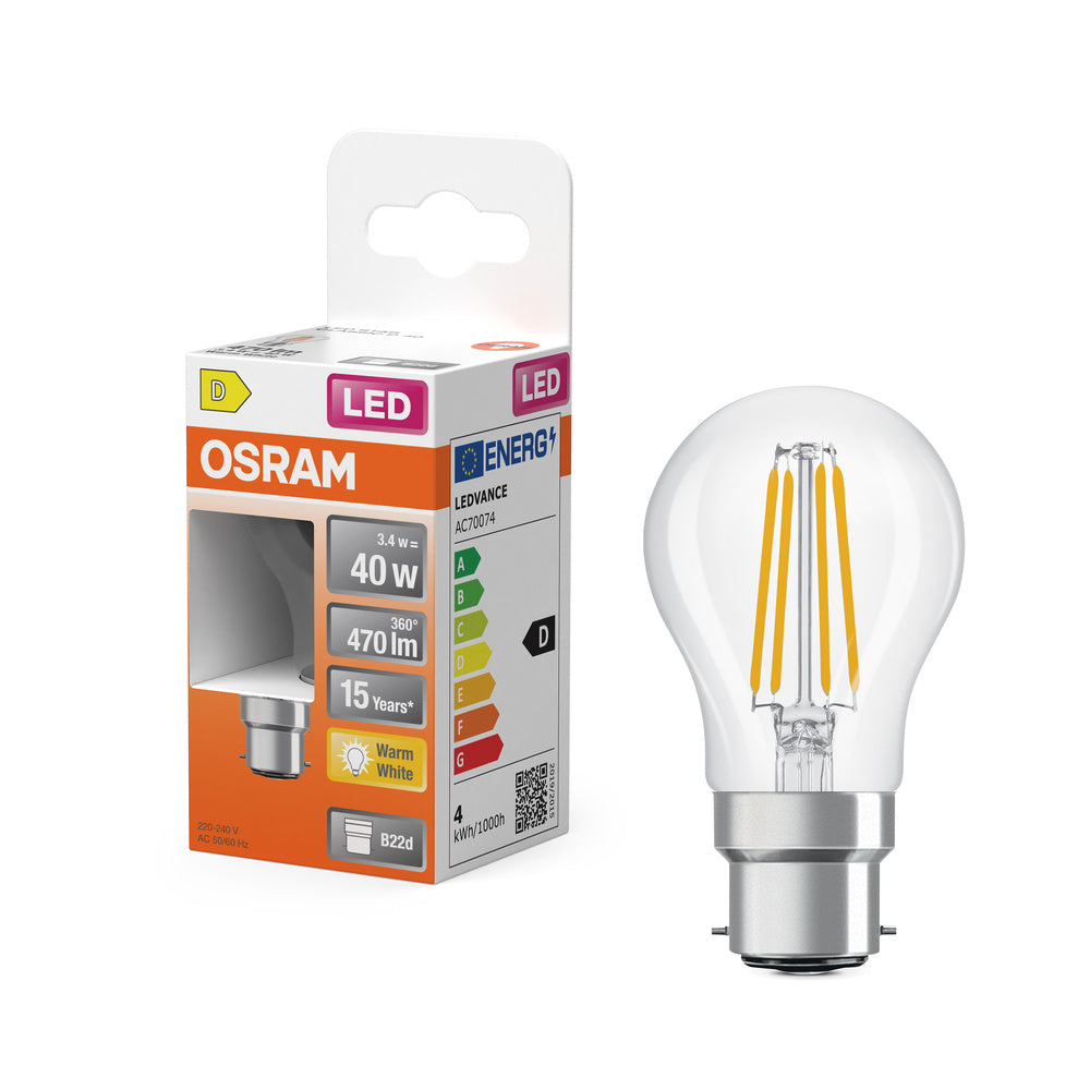 OSRAM LED Lampe LED Retrofit CLASSIC P 4W 827 Clear B22d, 470 lm, 2700 K, Warmweiß