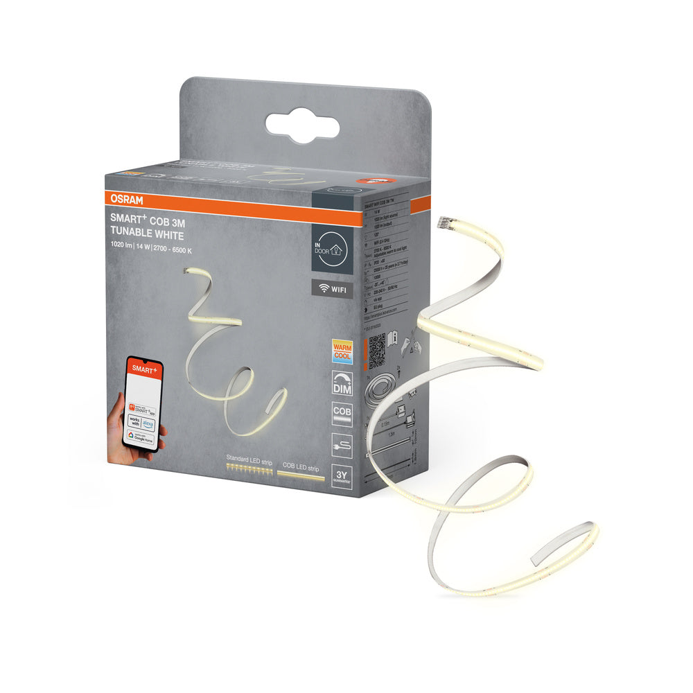 OSRAM Wifi SMART+ COB TUNABLE WHITE LED-Lichtstreifen, 3m, Tunable White, 1200lm, 14W, 2700-6500K, mit Fernbedienung