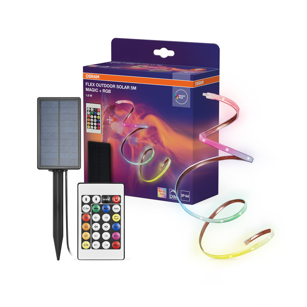 OSRAM FLEX OUTDOOR SOLAR flexibler LED-Lichtstreifen, 5M, 1.6W, RGB-Farbsteuerung, solarbetrieben, IP44, mit Fernbedienung, dimmbar